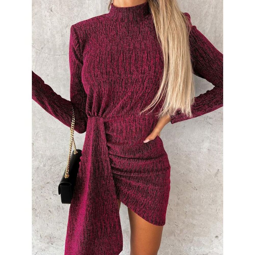 Everyday the Label Heathered Mock Neck Long Sleeve Mini Dress Women Cerise - Picture 2 of 4